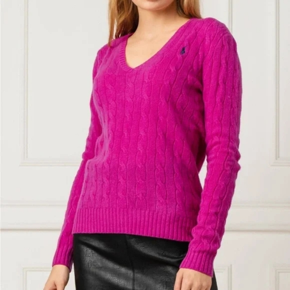 Ralph Lauren Sport Women's Cable-Knit Cotton V-Neck Sweater - Hot Pink - Size S